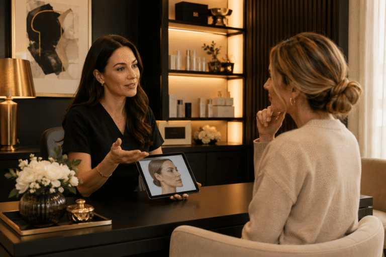 Independent medical practitioner discussing aesthetic treatment suitability and realistic results with a client