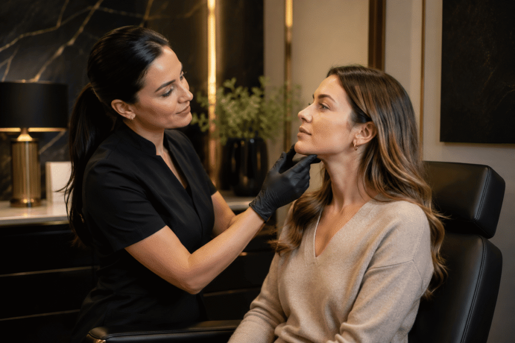 Therapist explaining personalised skincare and professional aftercare guidance following an aesthetic treatment