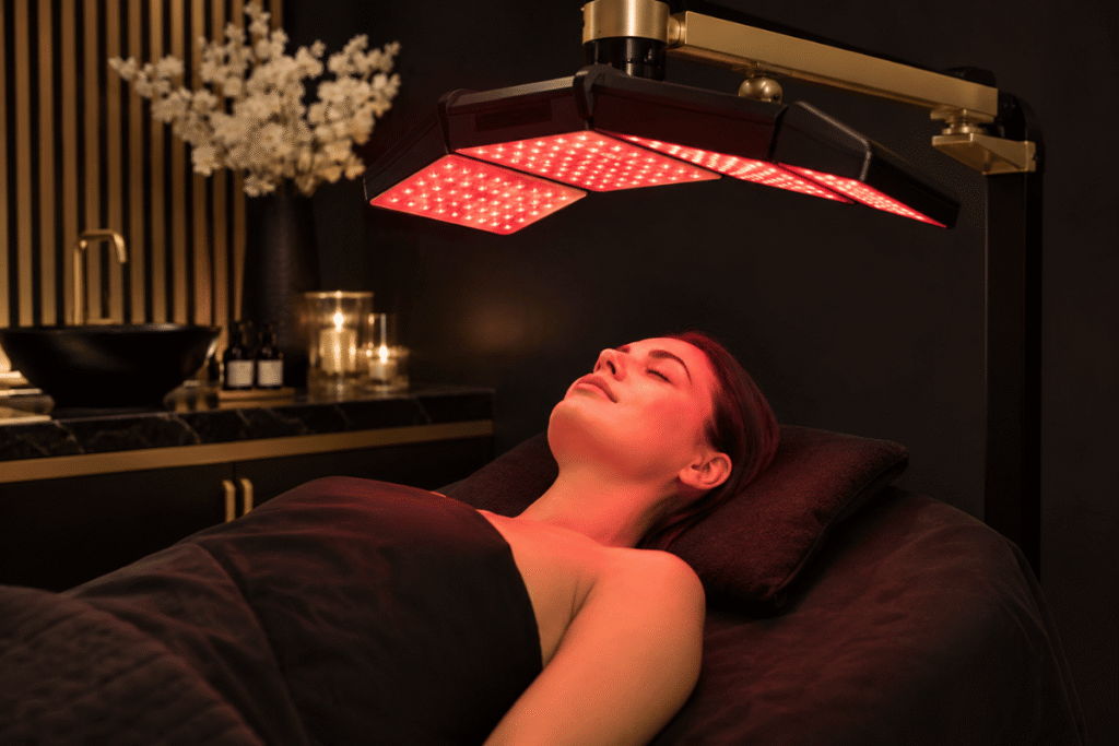 Client receiving professional red light therapy for skin, wellness and recovery support at MC Aesthetics in George