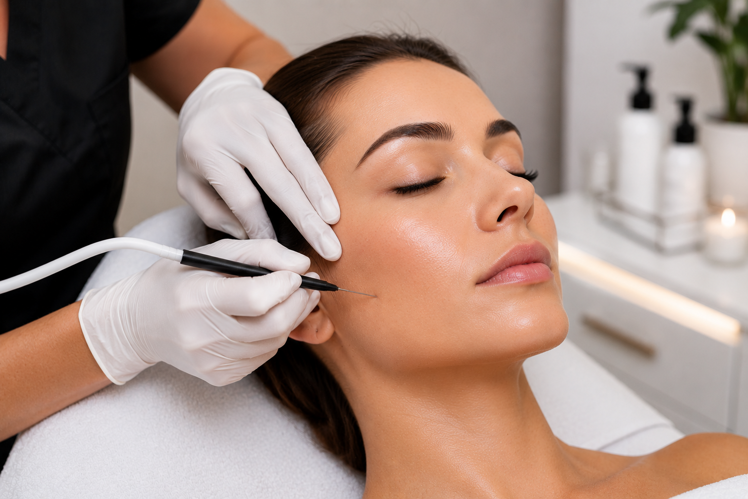 Woman receiving professional electrolysis facial hair removal at MC Aesthetics in George