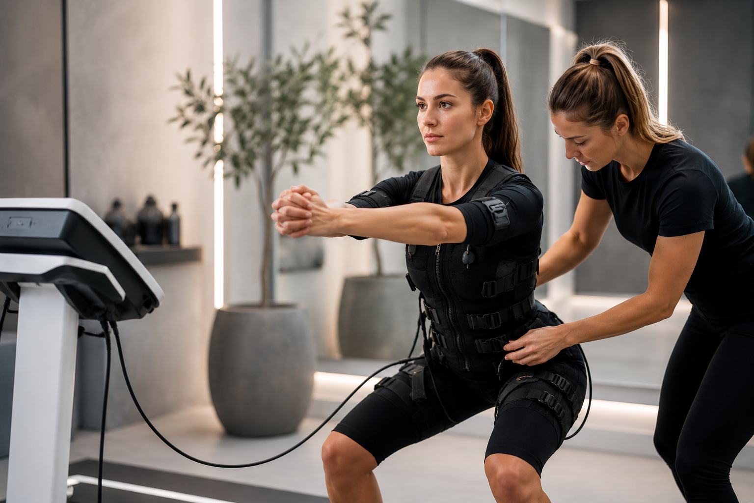Woman completing an EMS Revolution fitness training session with a professional trainer at MC Aesthetics in George