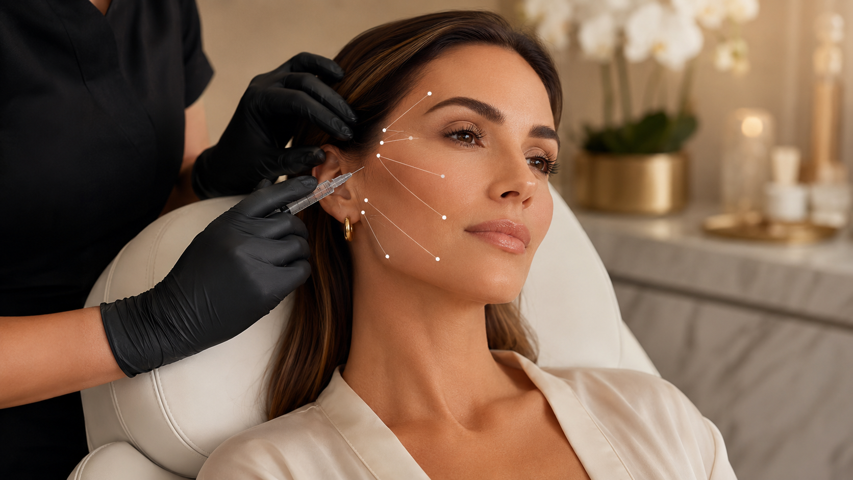 Woman receiving a Liquid 8-Point Face Lift treatment at MC Aesthetics in George with facial lifting points illustrated