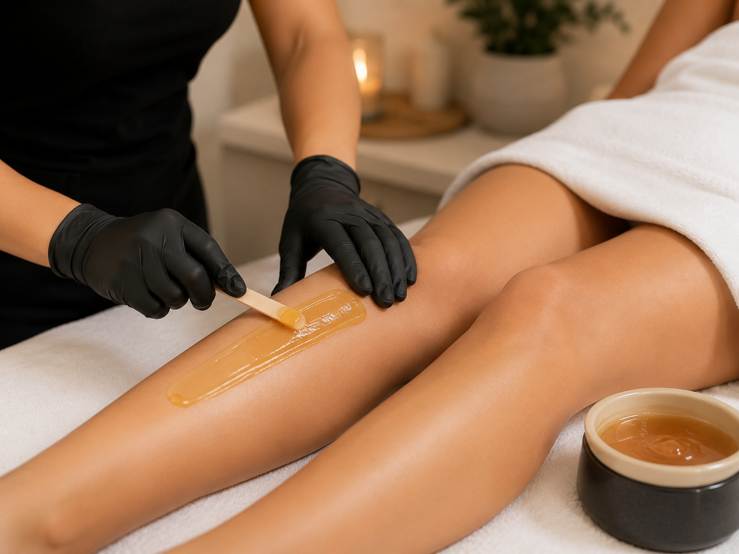 Woman receiving a professional leg waxing treatment at MC Aesthetics in George
