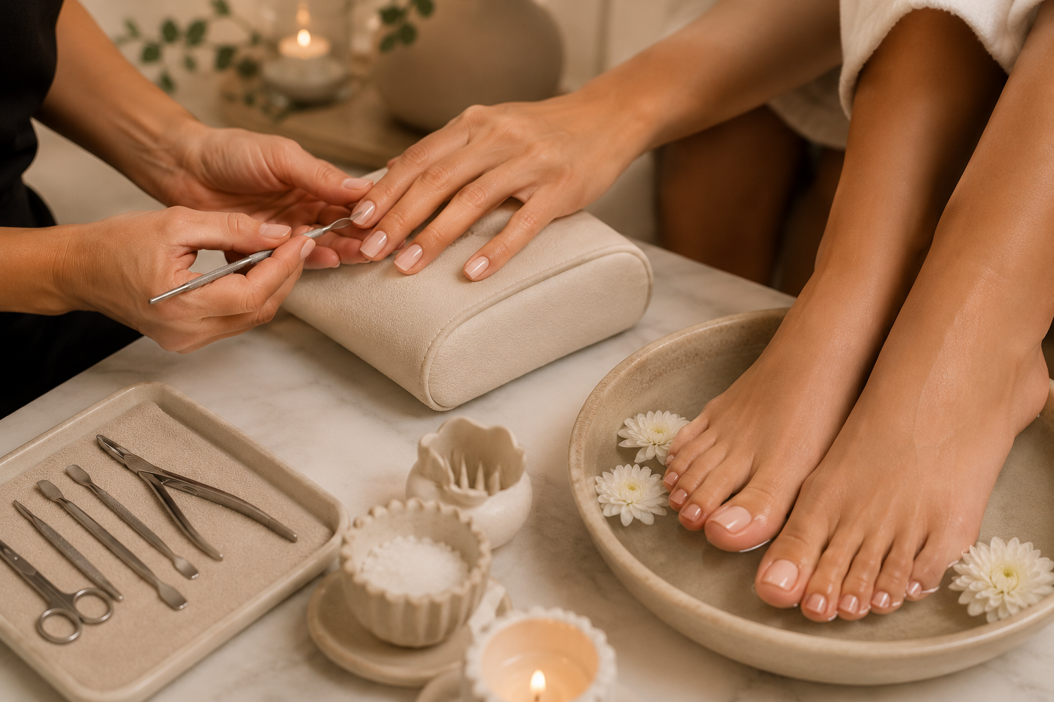 Woman receiving a luxury Signature Nail Ritual for hands and feet at MC Aesthetics in George