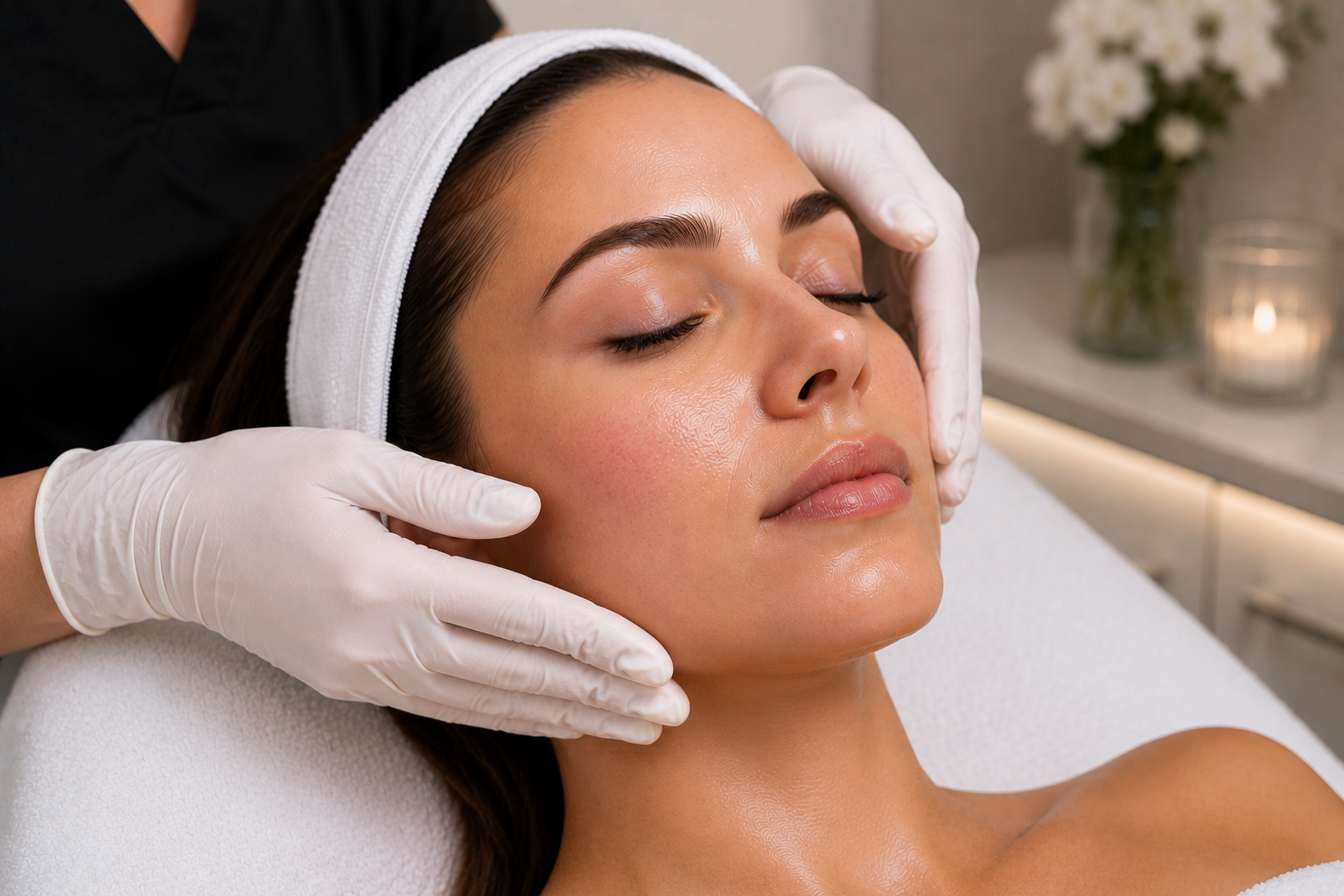Woman receiving a soothing SOS Recovery facial treatment at MC Aesthetics in George